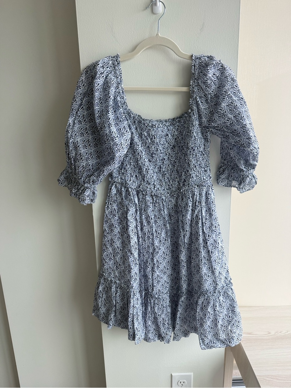 Blue and White Floral-Print Puff-Sleeve Mini Dress